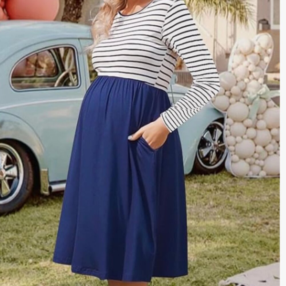 WOOXIO Women's Long Sleeve Maternity Dress with Pockets Patchwork Pregnancy